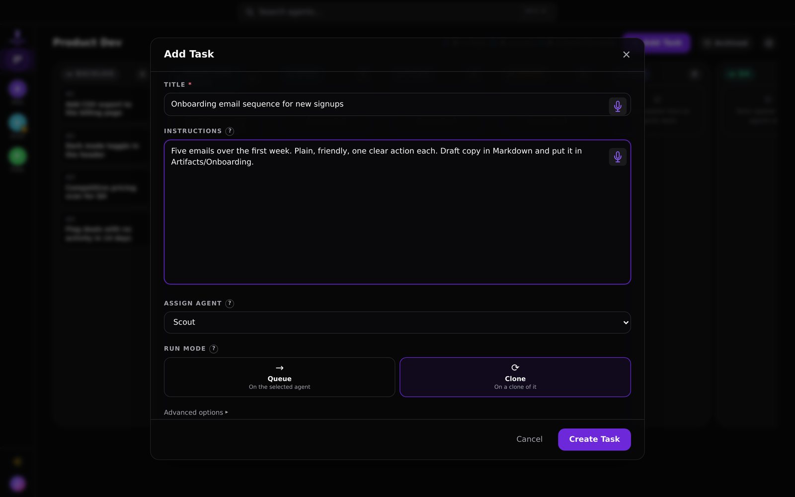 Creating a task: instructions, which agent, and whether to run it in Queue mode or on a fresh Clone.
