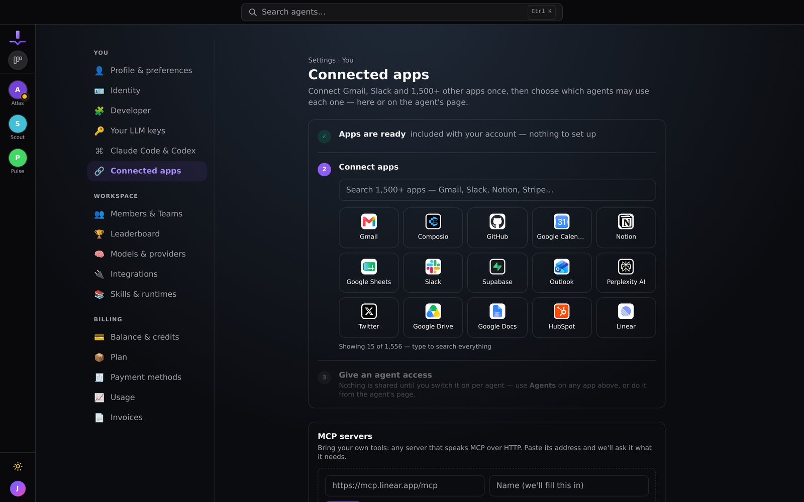 The catalog: Gmail, GitHub, Notion, Slack, HubSpot, Linear and 1,500 more. Connect once, then grant per agent.