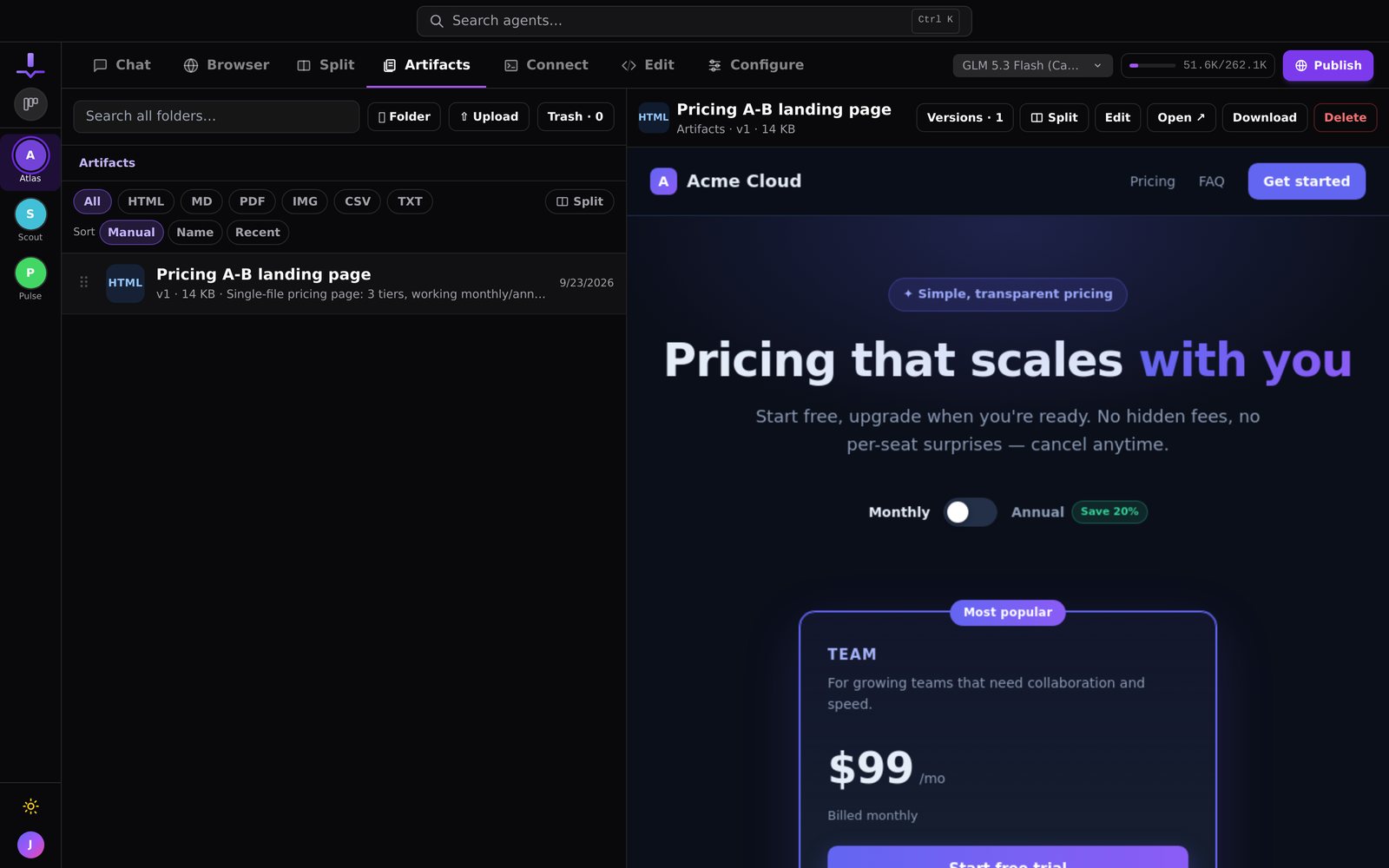 The Artifacts tab, previewing an HTML landing page the agent produced, with versions, Split, and Edit at hand.