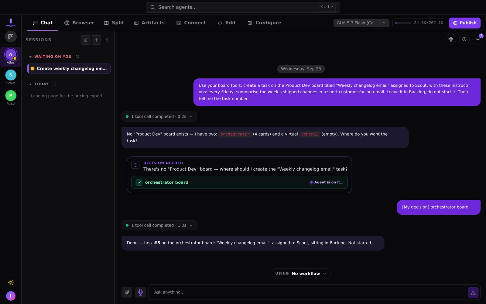 Ask an agent to put a task on the board. It uses its board tools, files the card in Backlog, and reports the task number.