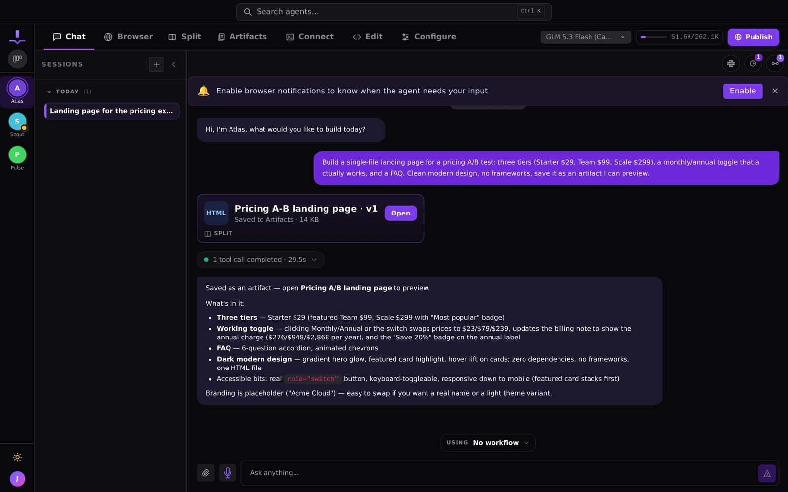 An agent building a pricing page in chat, with the tool call it ran and the artifact it saved.