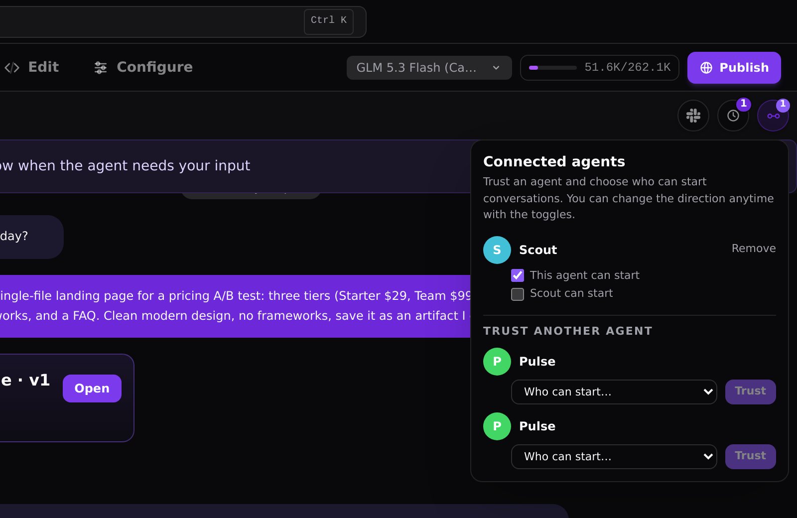 The Connected agents pill in chat shows who this agent can talk to right now.