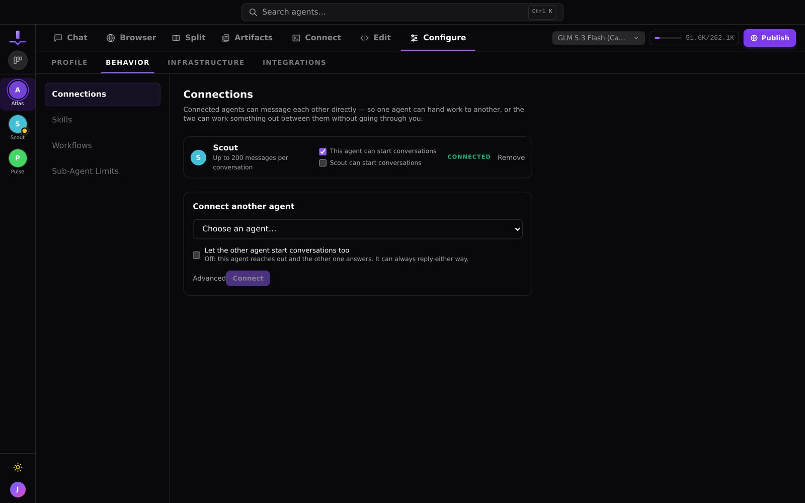 An approved connection between Atlas and Scout, with the option to let the other agent start conversations too.