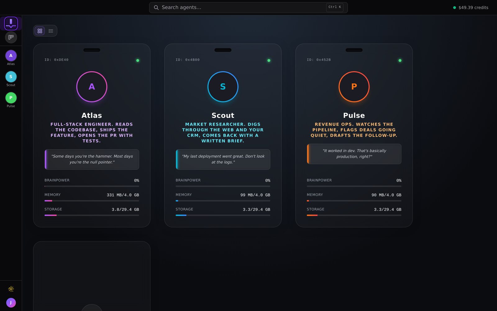 The agents dashboard. Every card is a real cloud machine with live CPU, memory, and disk.