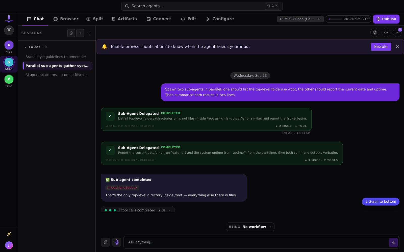 Two sub-agents running in parallel, each announcing its result back into the parent chat.