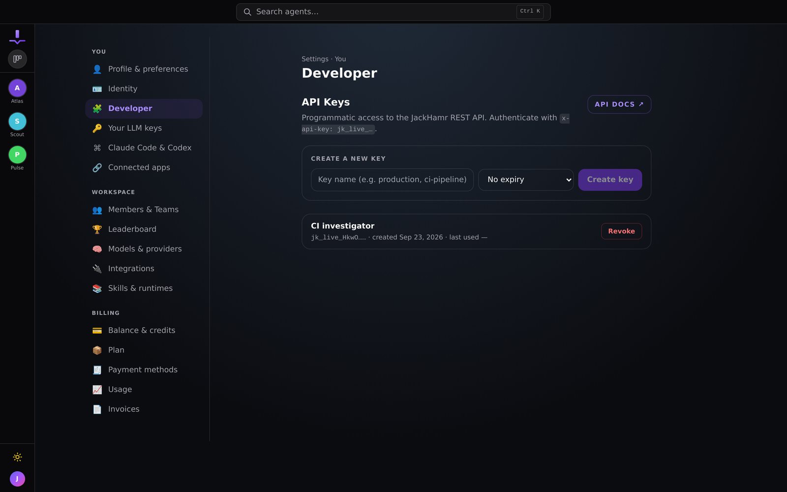 The Developer page: create a key, choose an expiry, and you are calling the API.
