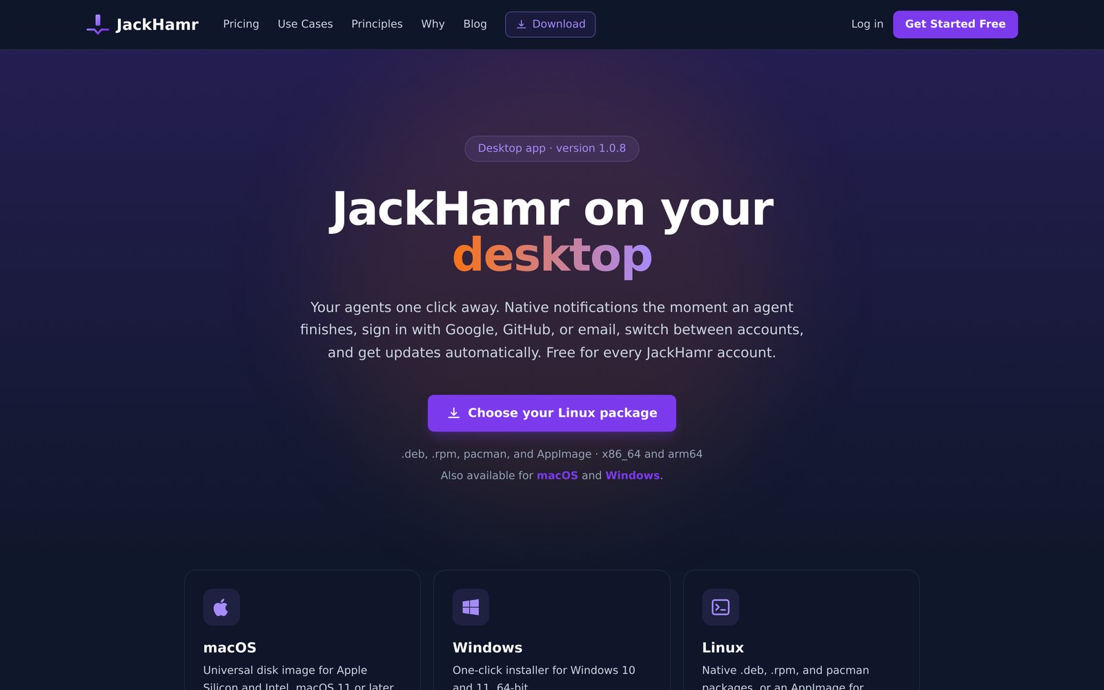 The download page at jackhamr.ai/download, with builds for every platform.