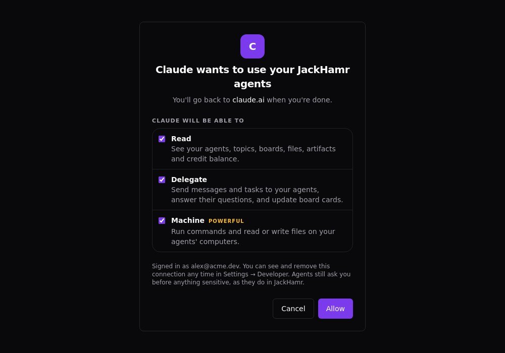 When you connect an app, you sign in to JackHamr and choose its permissions, one by one.