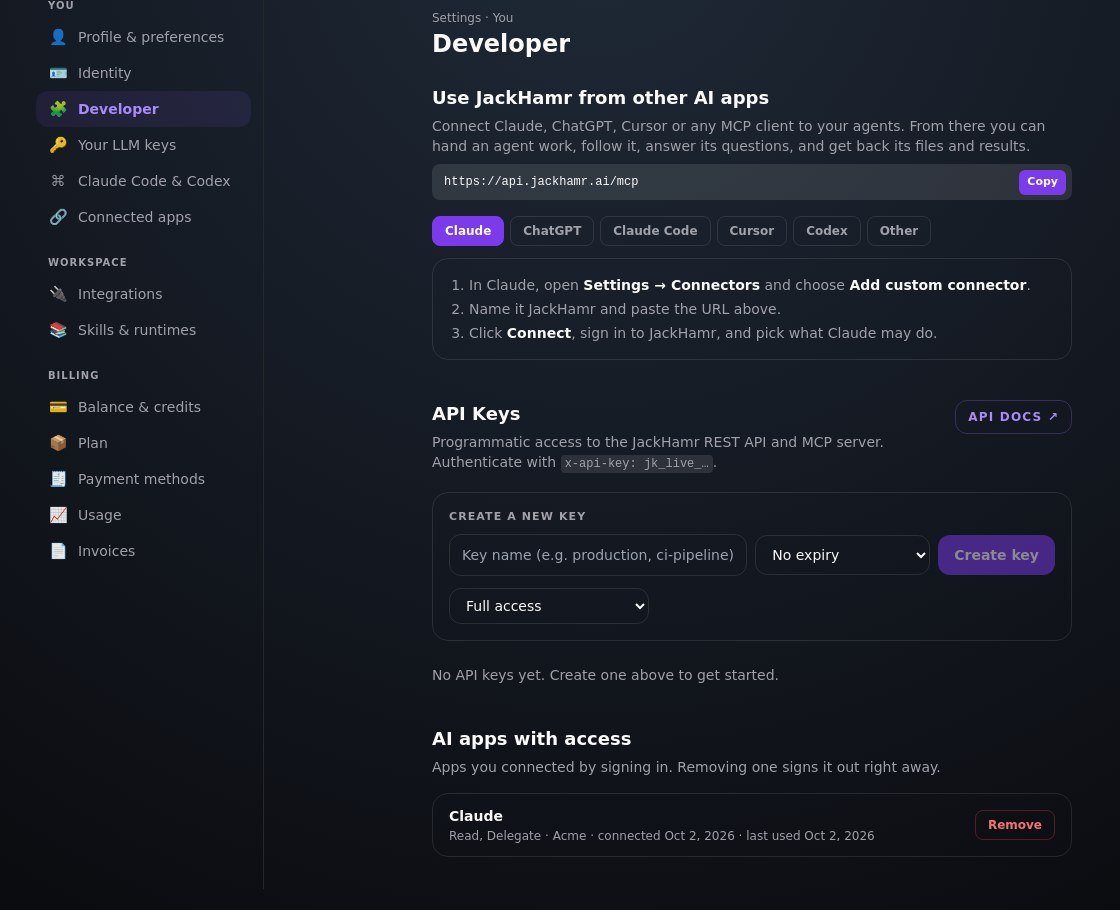 Settings, Developer: the server address, setup steps for each app, and every app that has access, which you can remove any time.