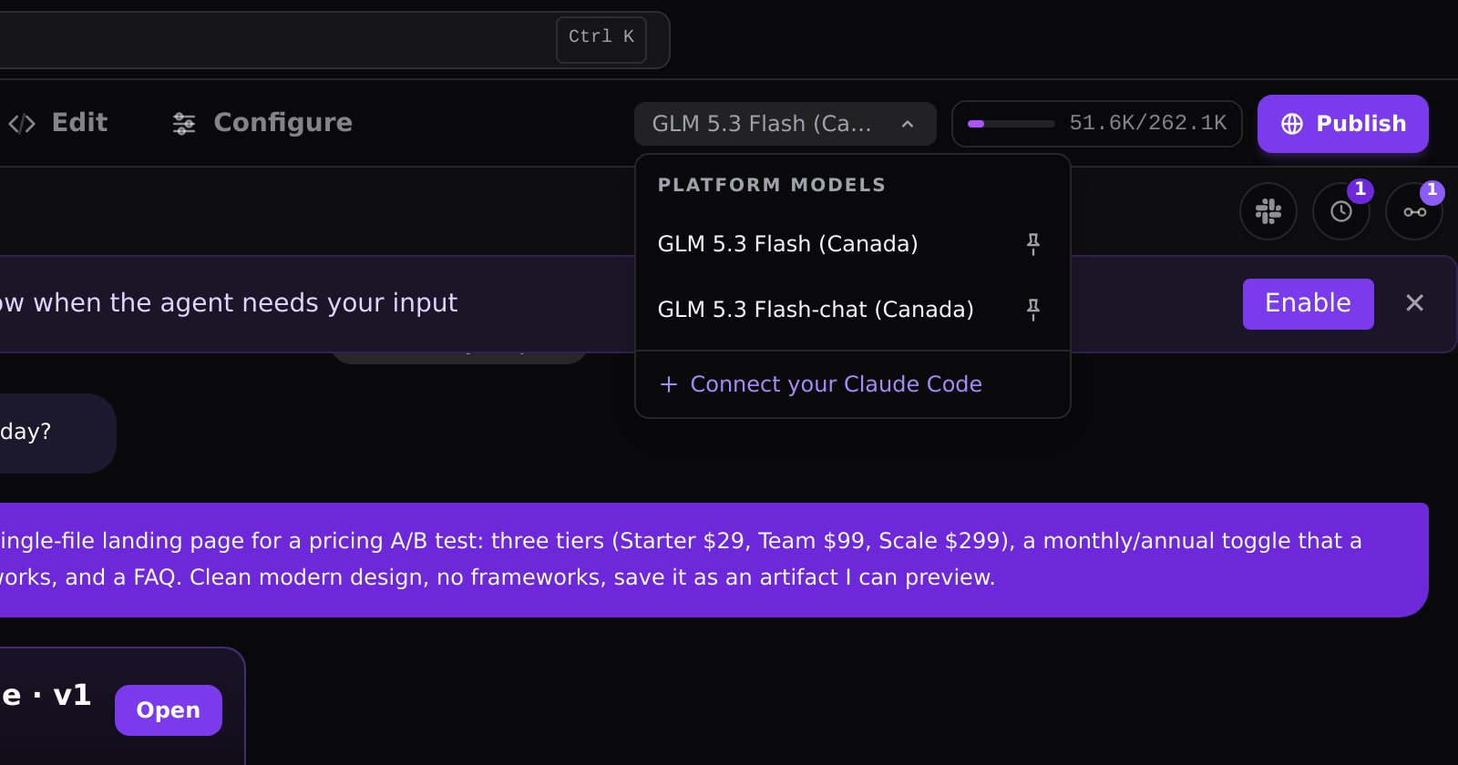 Connecting your Claude Code lives right in the model picker, next to the platform models.
