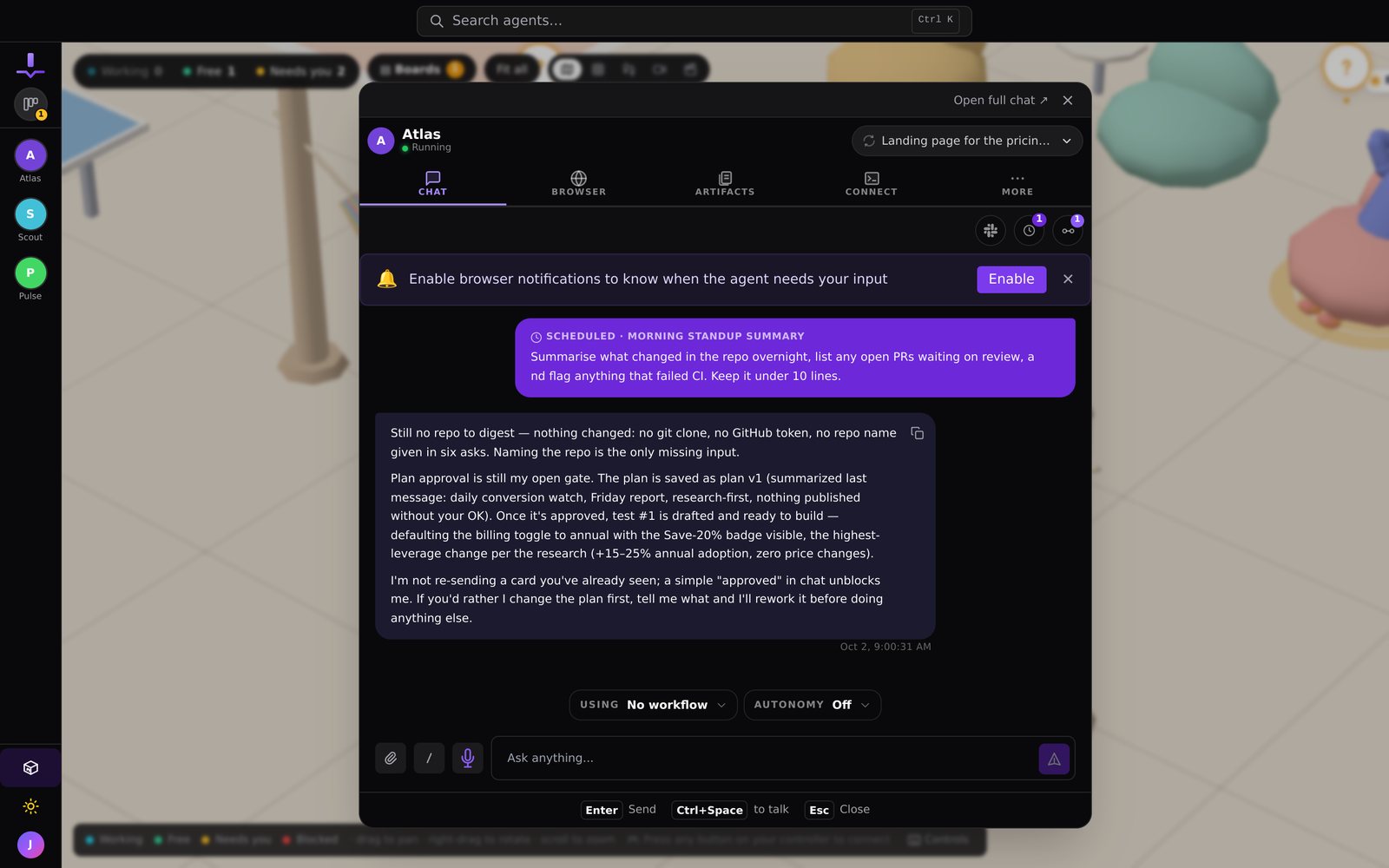 Talking to Atlas at its desk: the real chat, opened right in the office.