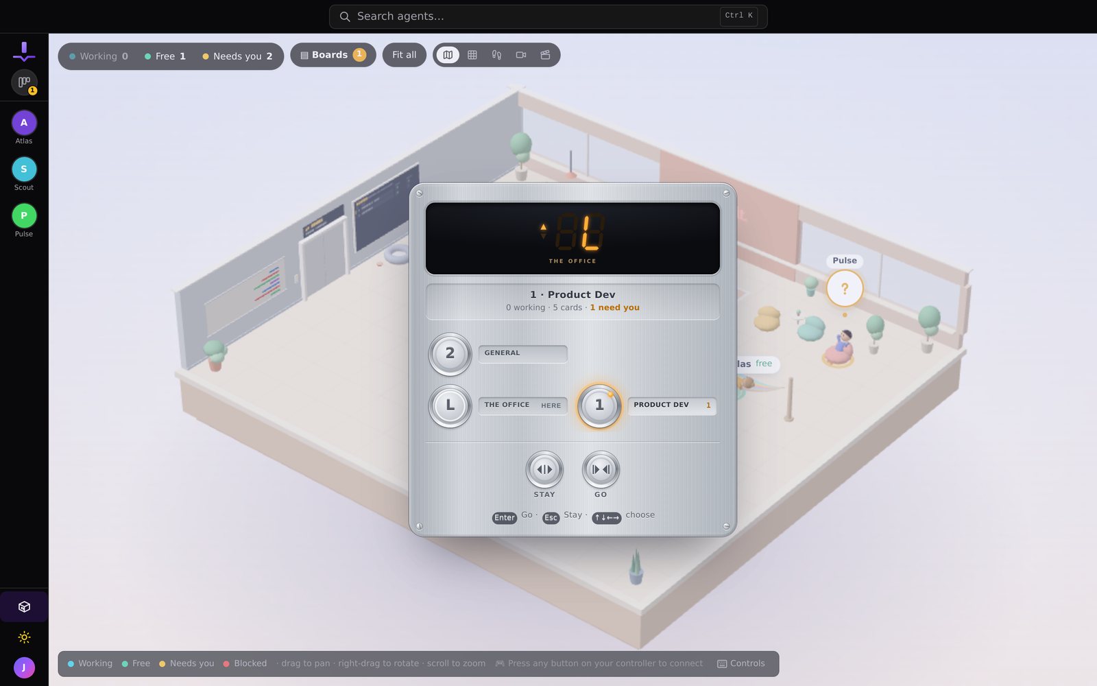 The elevator panel: pick a board and ride up to the floor where its tasks are being worked.