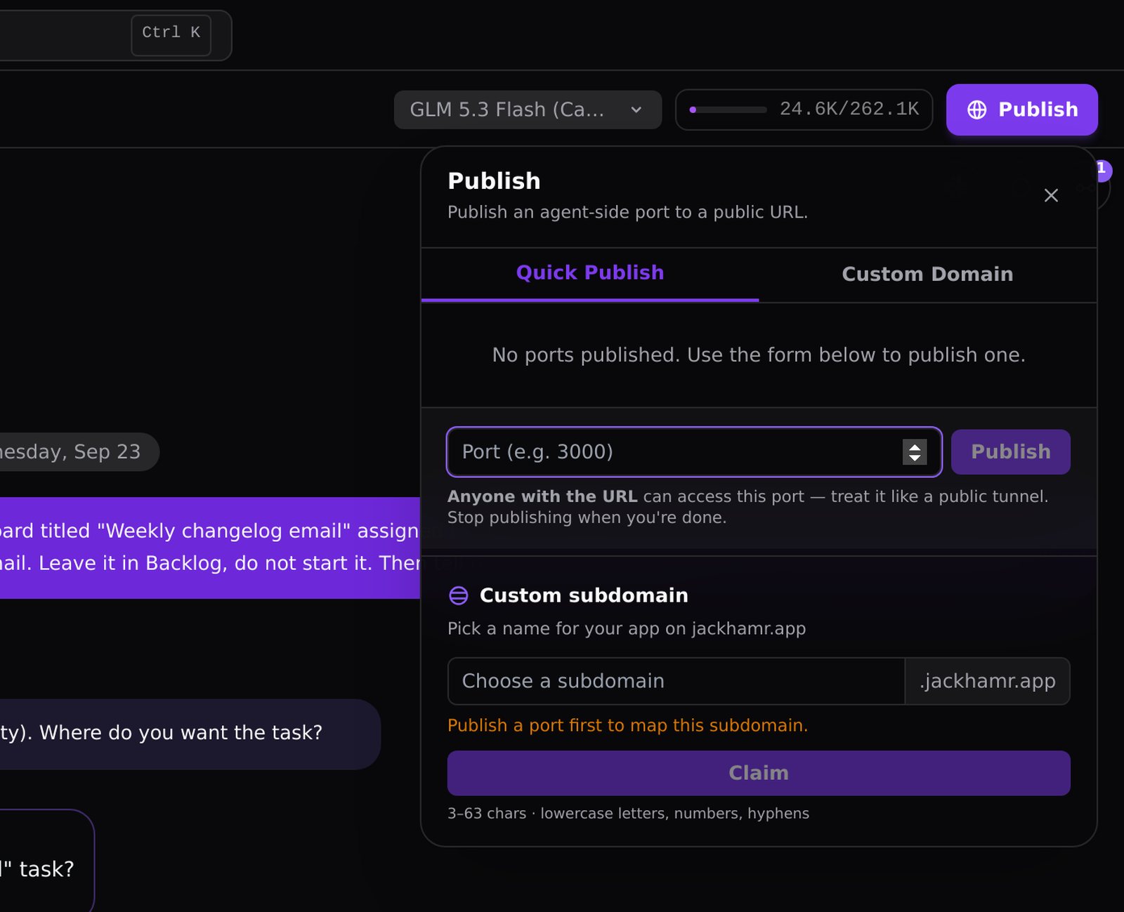 The Publish popover: expose a port, then claim a jackhamr.app subdomain or connect your own domain.
