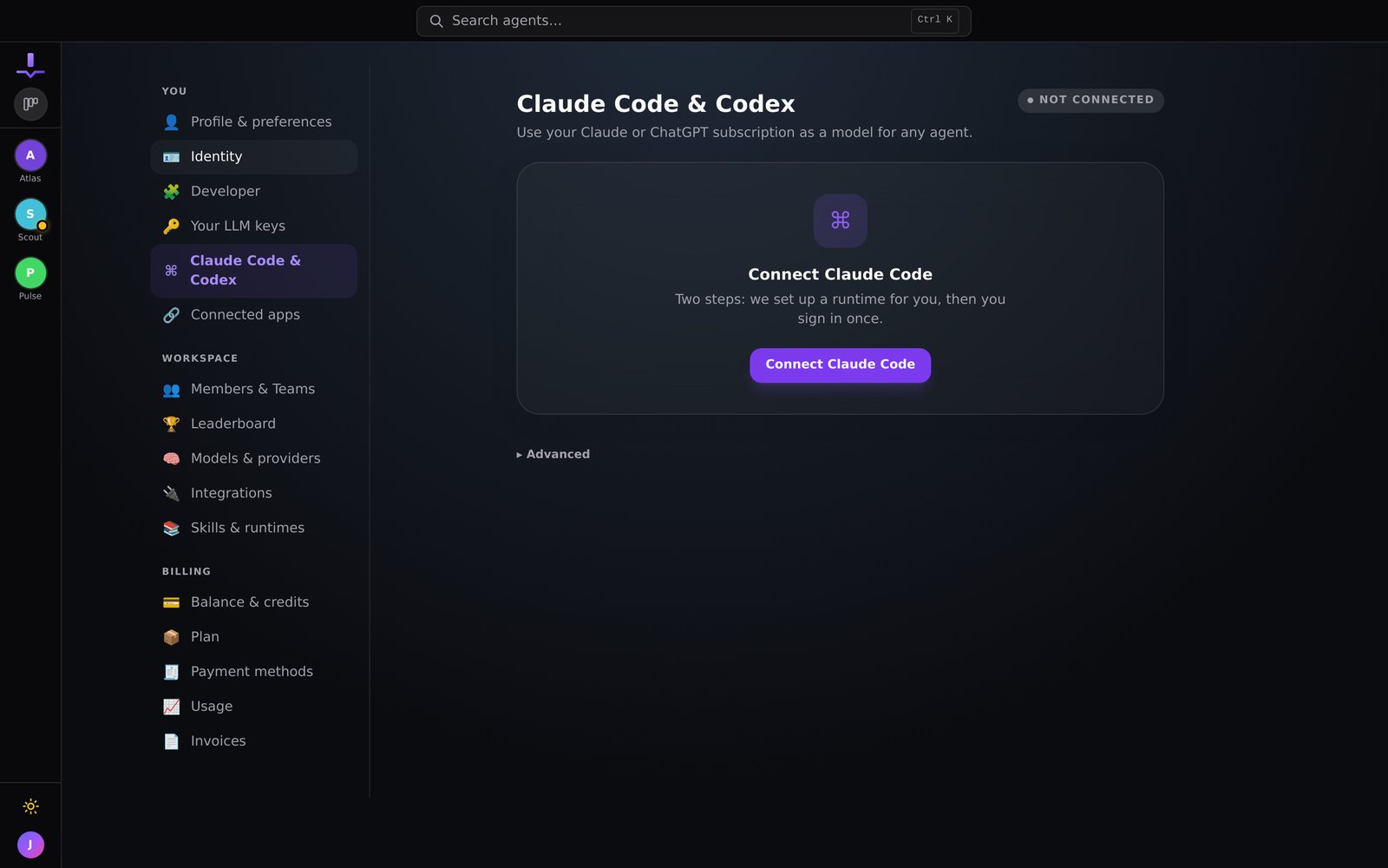 Bring your own model: a Claude Code or Codex subscription becomes the brain of any agent, fully managed.