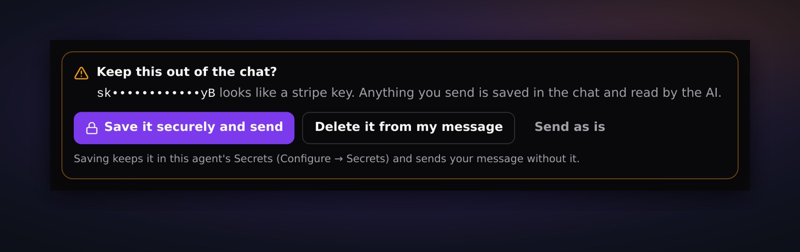 The chat box catches a pasted Stripe key before it is sent.