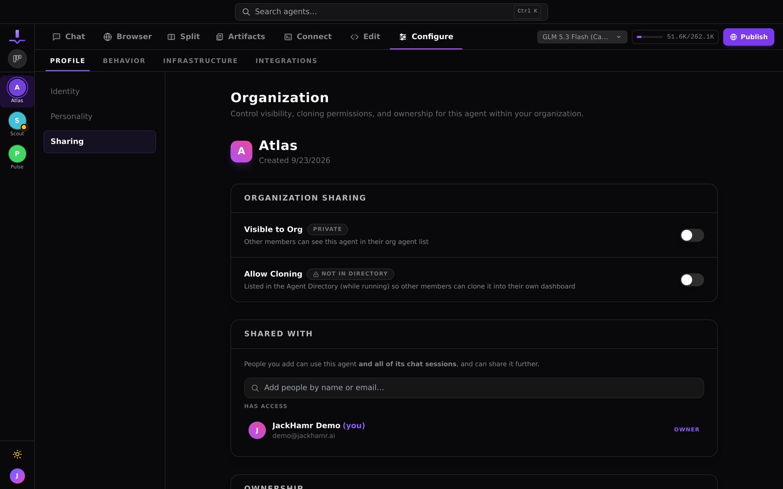 Sharing settings for an agent: who can see it, who can chat with it, and who owns it.