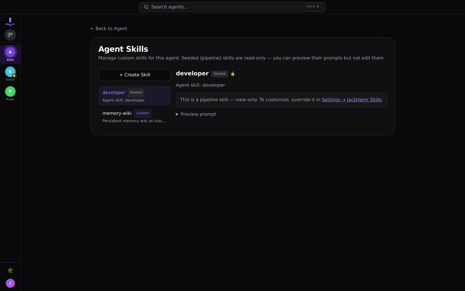 The skills page for an agent: seeded pipeline skills plus the custom ones you or the agent wrote.