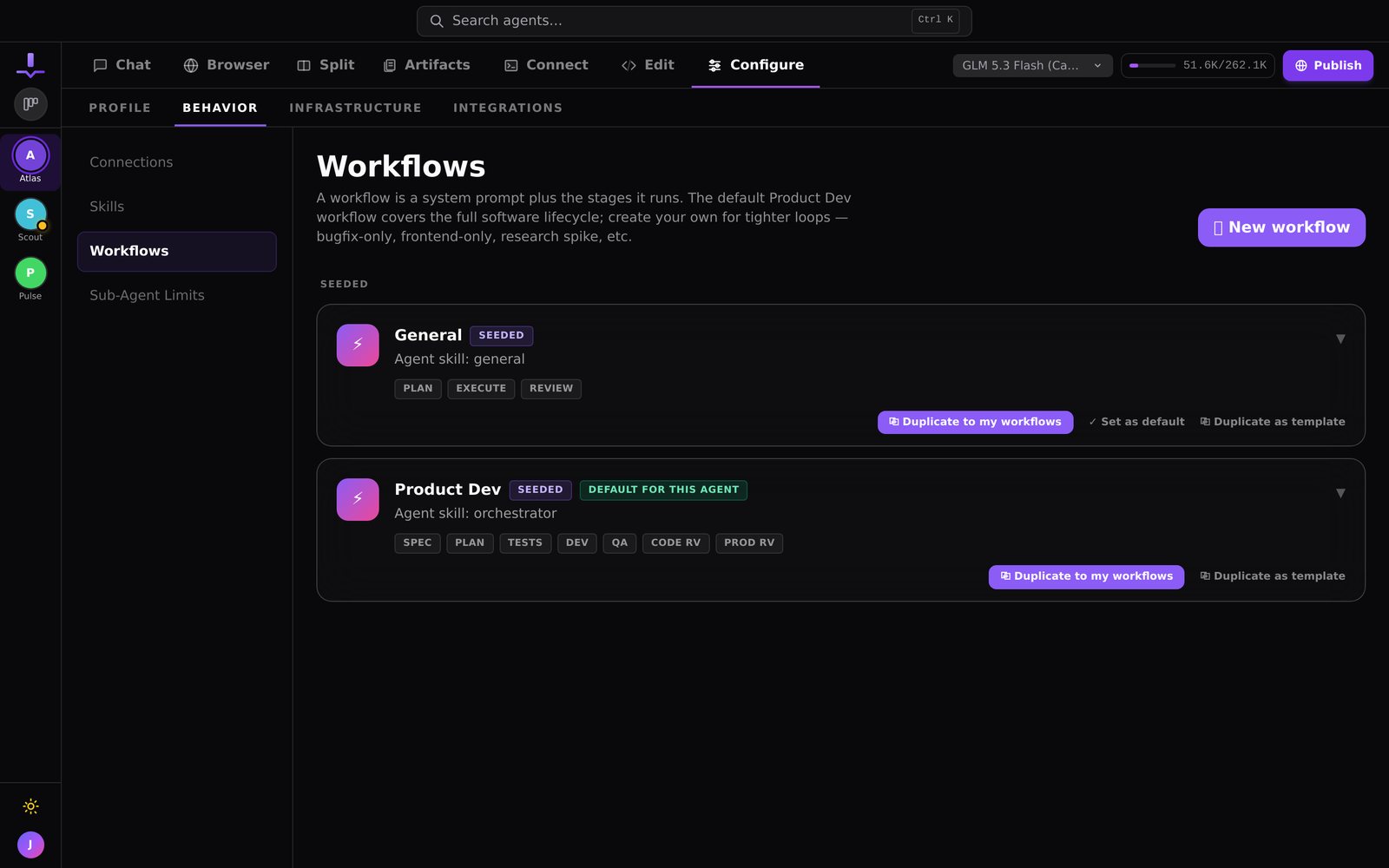 Manage workflows: duplicate a seeded pipeline, set a default, or build a new one from scratch.